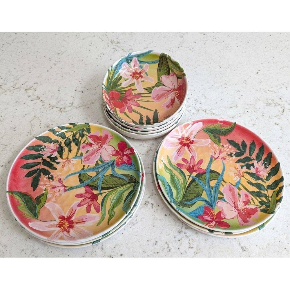 Tropical Floral Print  Fiber & Melamine 8 Dinner Plates, 4 Soup Bowls